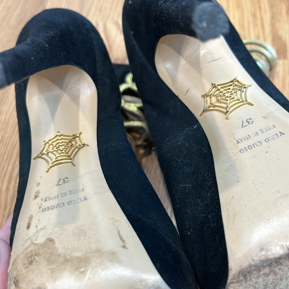 Charlotte Olympia Zena Black And Gold Suede Stiletto  Bootie Size 37 women’s - Picture 10 of 14